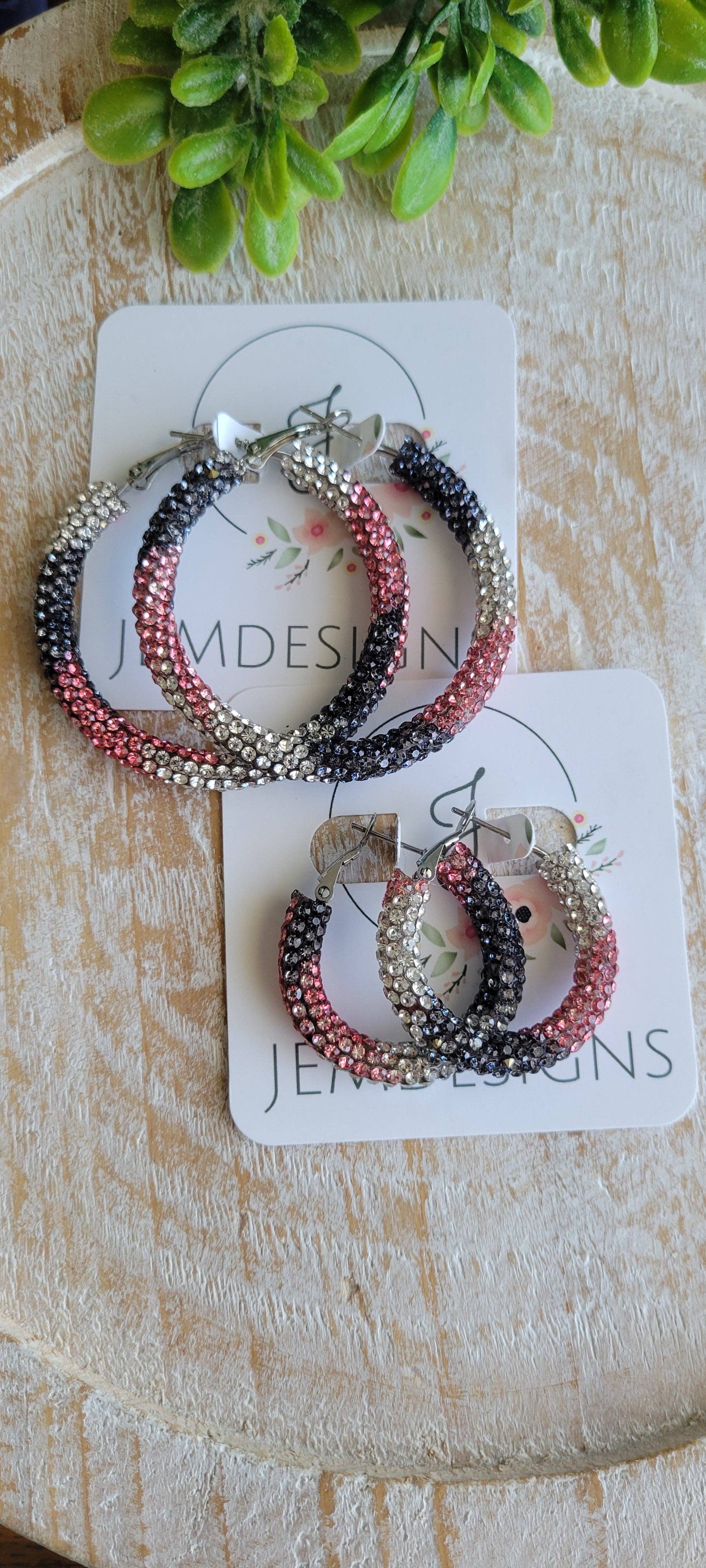 Pink and Black Rhinestone Hoop Earrings: Small