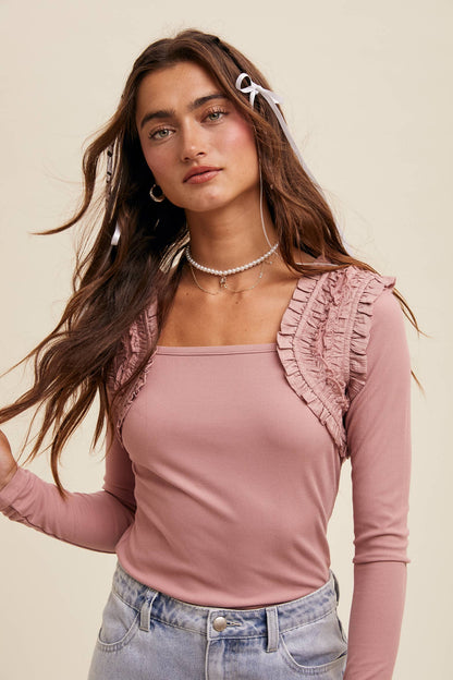 Square Neck Ruffle Accent Top: Black / M
