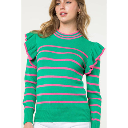 Flutter Detail Striped Sweater: GREEN / M