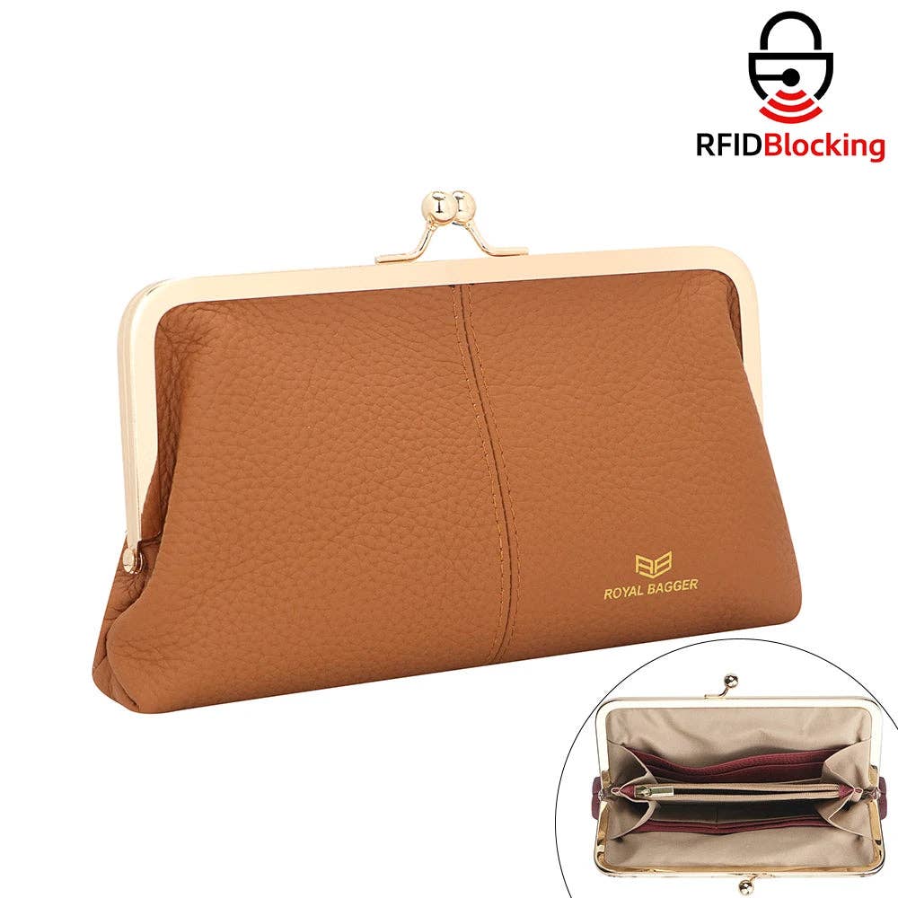 3468 Leather RFID Kiss-Lock Wallet: Brown