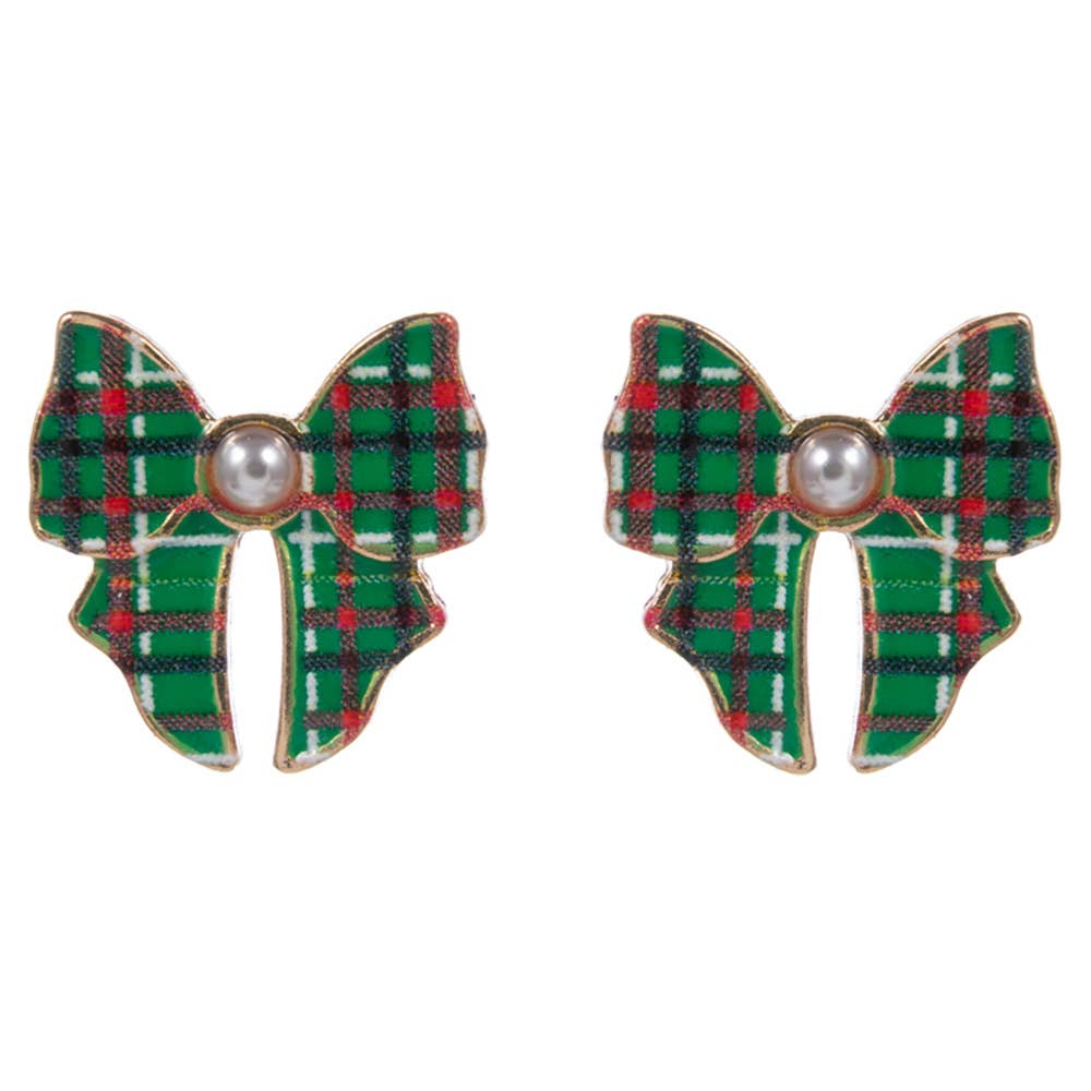 Pearl Accent Holiday Plaid Bow Stud Earrings: Green,Red