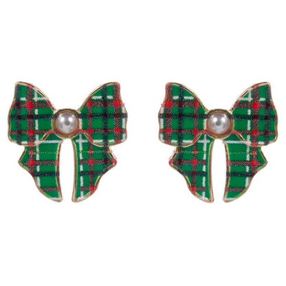 Pearl Accent Holiday Plaid Bow Stud Earrings: Green,Red