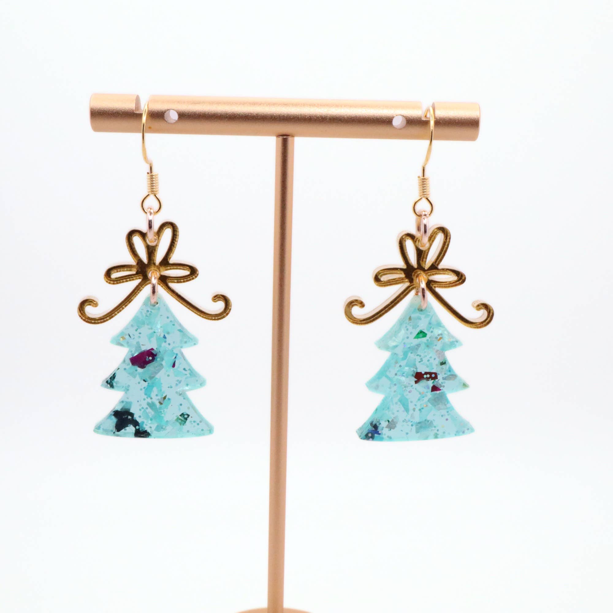 Christmas Tree Dangle Earrings with Glitter and Gold Bow